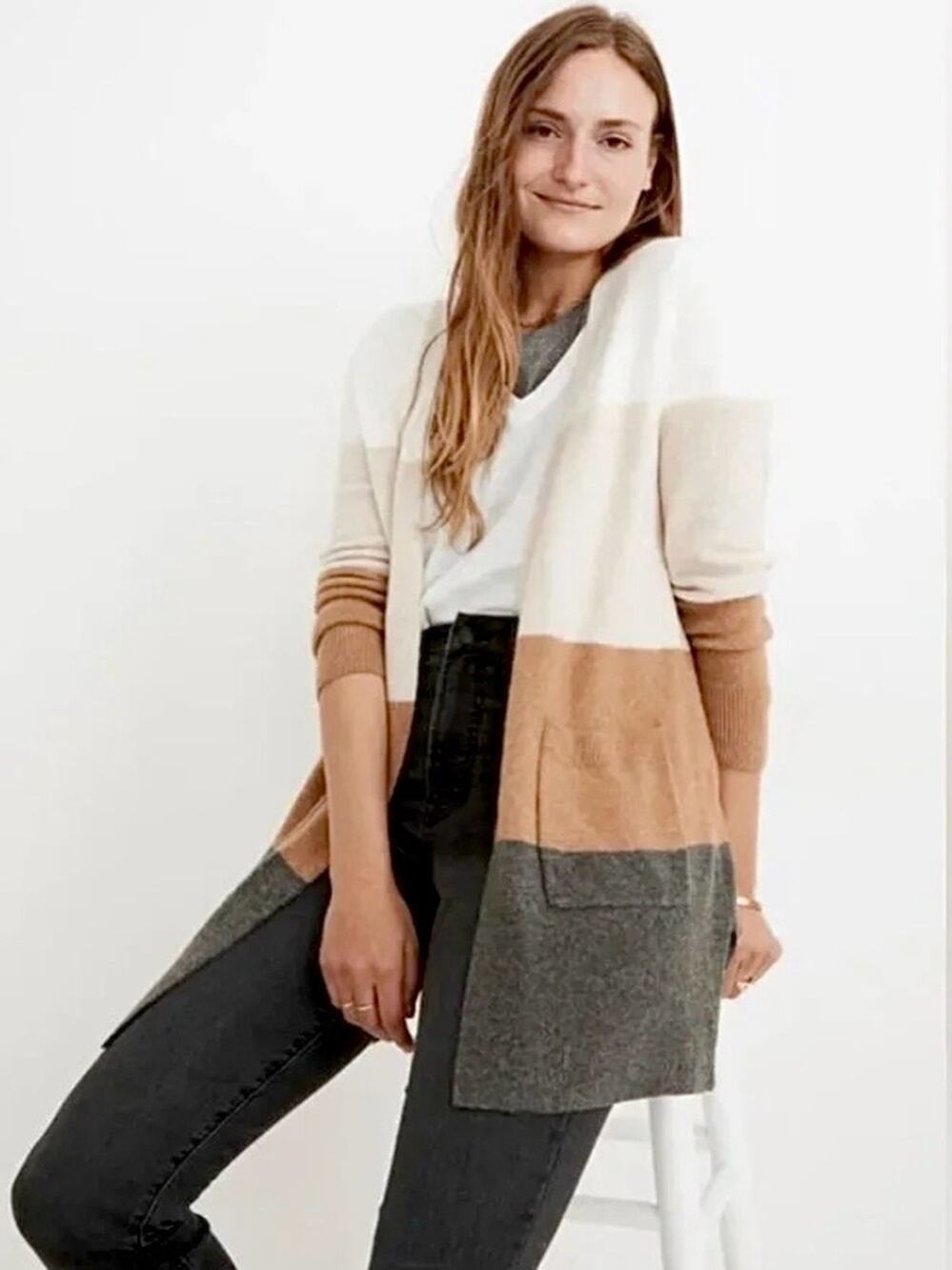 Madewell Kent Alpaca and Wool Blend Colorblock Open-Front Cardigan, Size XS